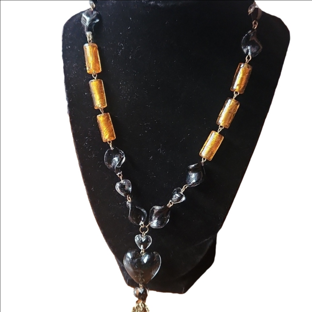 Vintage Glass 42" long‎ necklace, with glass heart pendant